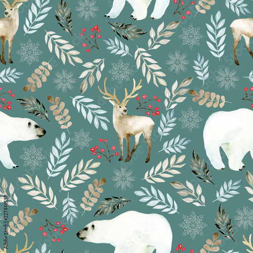 Seamless pattern with deer and bear. Watercolor hand drawn © JuliaBadeeva