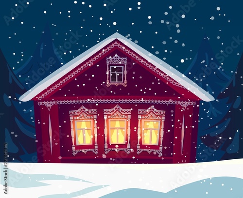 Russian wooden village house in winter, snowfall in the rural countryside vector illustration