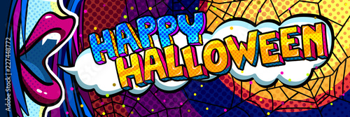 Halloween illustration. Open blue mouth with fangs and Happy Halloween Message in pop art style.