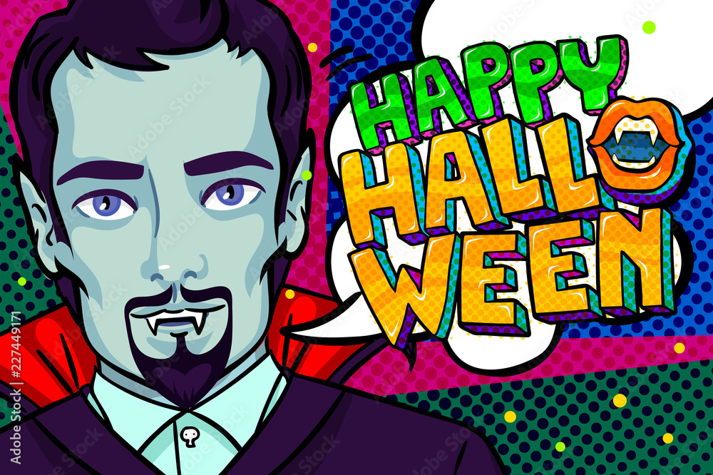 Halloween illustration. Vampire with fangs and Happy Halloween Message Halloween illustration. Vampire with fangs and Happy Halloween Message