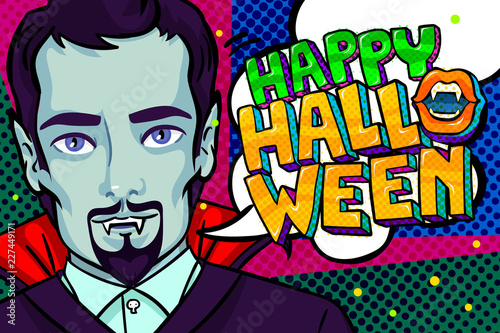 Halloween illustration. Vampire with fangs and Happy Halloween Message