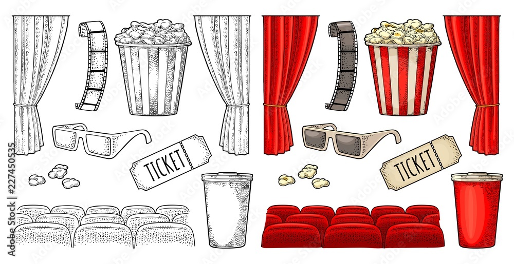 Fototapeta premium Cinema set. Vector engraving vintage black illustration.