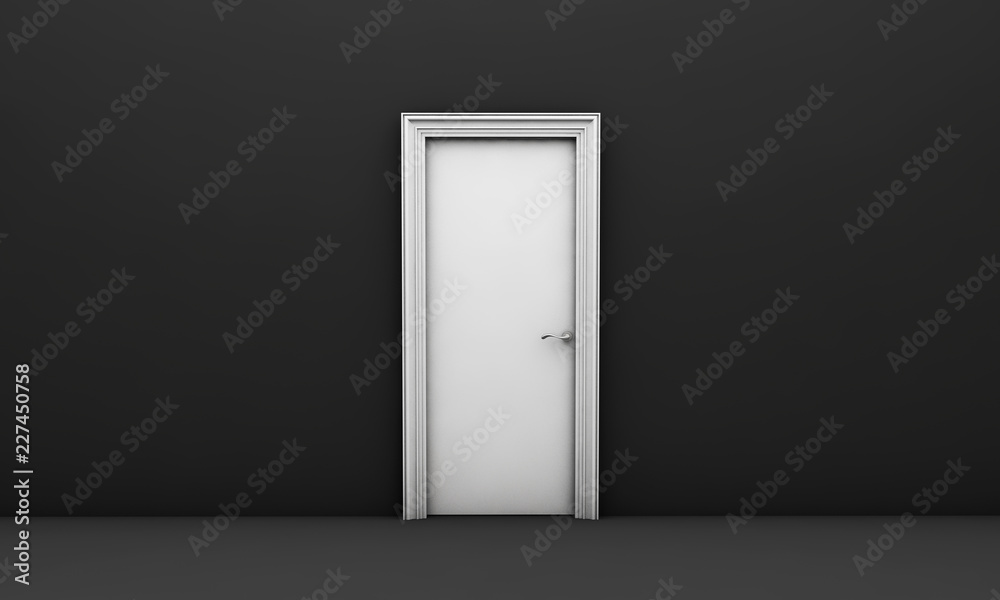 Open white door in a black empty room 3d render Open white door in a black empty room 3d render