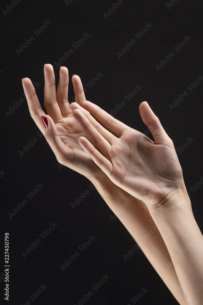 Fototapeta premium Closeup of beautiful woman hands with red manicure on the nails. Cream for palms, manicure and beauty treatment. Elegant and graceful arms with slender graceful fingers.