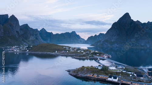 Aerial view from a drone of the city of Reine in the Lofoten islands at early morning hours. Norway. photo