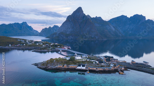 Aerial view from a drone of the city of Reine in the Lofoten islands at early morning hours. Norway. photo