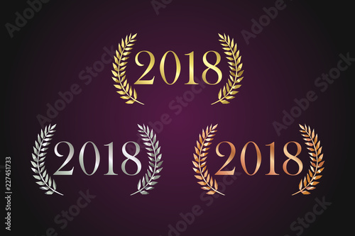 Awards logotype set. Isolated elegant abstract nominee emblem. First, second place symbol 2018 . Luxurious congratulating framed template. Celebrating decorative traditional ceremony greetings design.