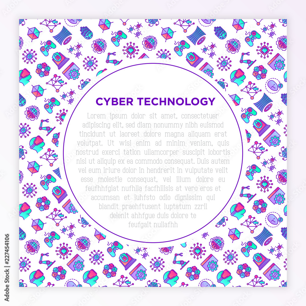 Cyber technology concept with thin line icons: ai, virtual reality glasses, bionics, robotics, global network, computer game, microprocessor, nano robots. Vector illustration, web page template. Cyber technology concept with thin line icons: ai, virtual reality glasses, bionics, robotics, global network, computer game, microprocessor, nano robots. Vector illustration, web page template.