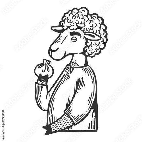 Cartoon sheep eat khinkali engraving vector illustration. Scratch board style imitation. Black and white hand drawn image.