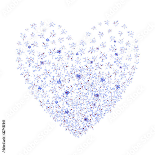 Natural blue heart shaped with flowers. Cliparts for wedding design, artistic creation.