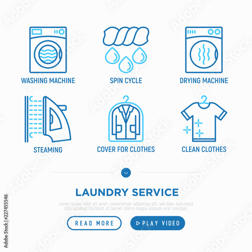 Laundry service thin line icons set: washing machine, spin cycle, drying machine, cover for clothers, steaming, ozonation. Modern vector illustration.