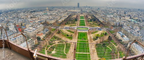 Wide angle aerial view of Paris skyline as seen from top of Eiffel Tower