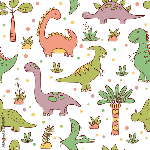 Dinosaurs and prehistoric plants. Vector seamless pattern in doodle and cartoon style. Hand drawn.