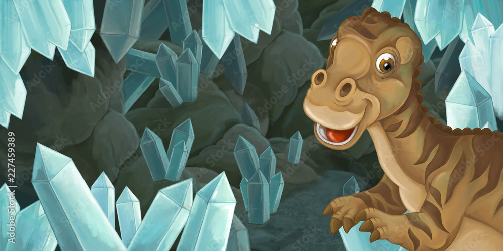 Fototapeta scena z kreskówki jaskini z dużymi kryształami i dinozaura maiasaura - ilustracja dla dzieci