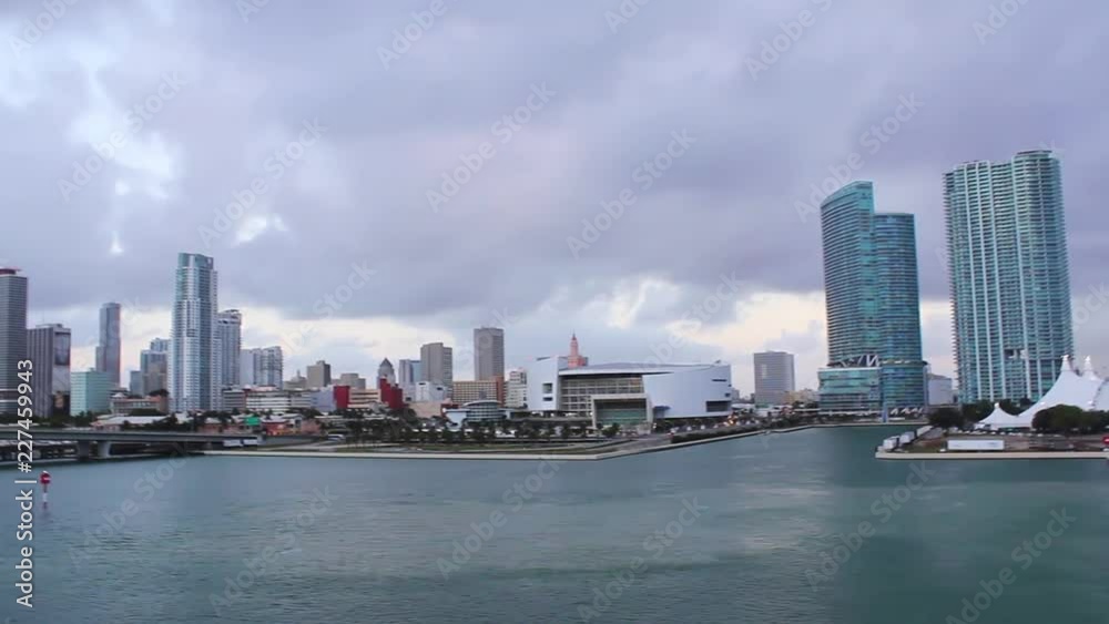Panoramic skyline of Miami as seen from a moving cruise ship Panoramic skyline of Miami as seen from a moving cruise ship