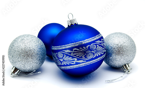 Christmas decoration blue and silver balls  isolated on a white