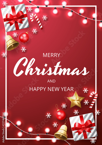 Merry Christmas background with shining gold and white ornaments. Red Background. Vector illustration