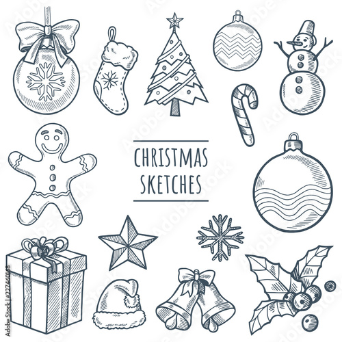 Christmas vector hand drawn sketch set. Doodle illustration with christmas objects isolated on white background. Traditional attributes of winter holidays . Decorative elements for festive design.