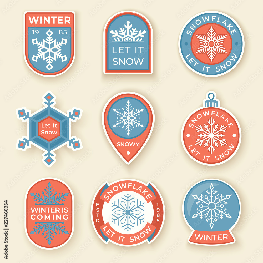 Winter labels and badges elements. Set of Christmas and holidays objects and symbols. Collection of snowflakes badges and logo patches