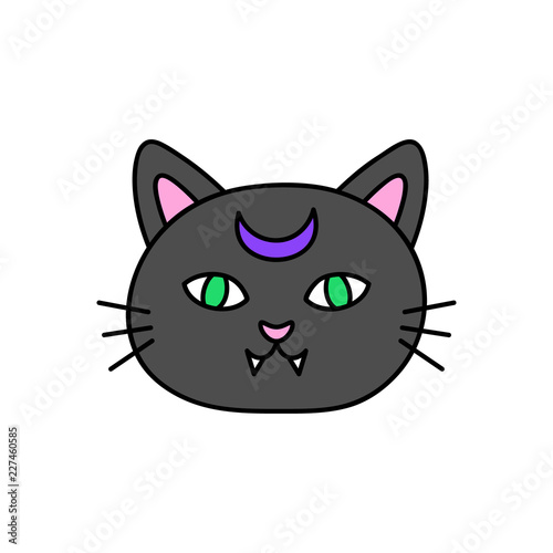 Cute hand drawn spooky cat vector illustration. Halloween themed, witch black cat head, isolated.