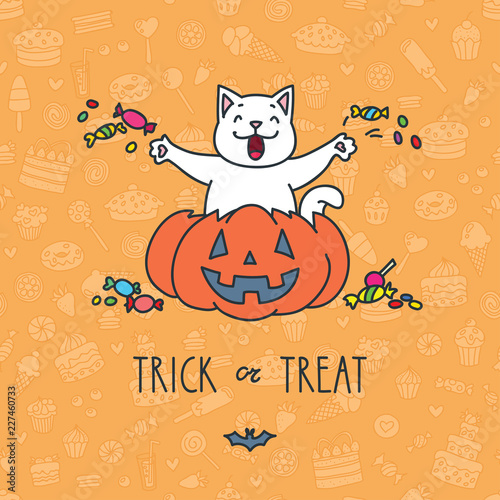 Trick or treat. Illustration of happy cat sitting in the pumpkin with a lot of sweets on orange background. Vector 8 EPS.
