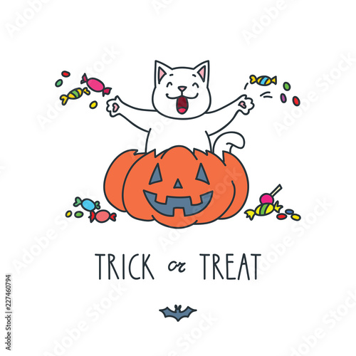 Trick or treat. Illustration of happy cat sitting in the pumpkin with a lot of sweets. Vector 8 EPS.