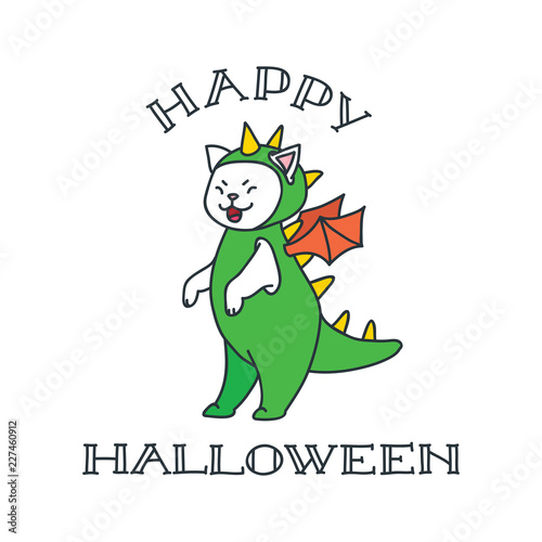 Happy Halloween. Illustration of funny white cat wearing dragon costume isolated on white background. Vector 8 EPS.