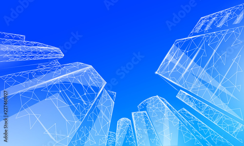 Polygonal low angle business modern glass buildings. Skyscrapers high rise reach sky city scenery. Finance banking futuristic office concept. Gigantic smart house from below vector illustration