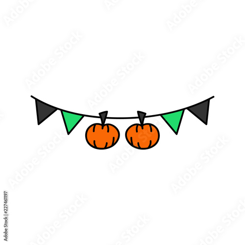 Cute hand drawn halloween garland vector illustration. Holiday garland with flags and pumpkins. Black, green and orange decoration, isolated.