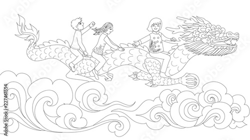 Asian kids in traditional dress riding Chinese dragon holding the ball above the clouds for design element and coloring book page for kids. Vector illustration