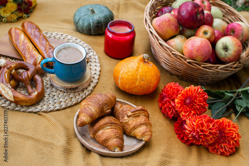 Basket with Food Bakery Autumn Picnic Time Rest Background