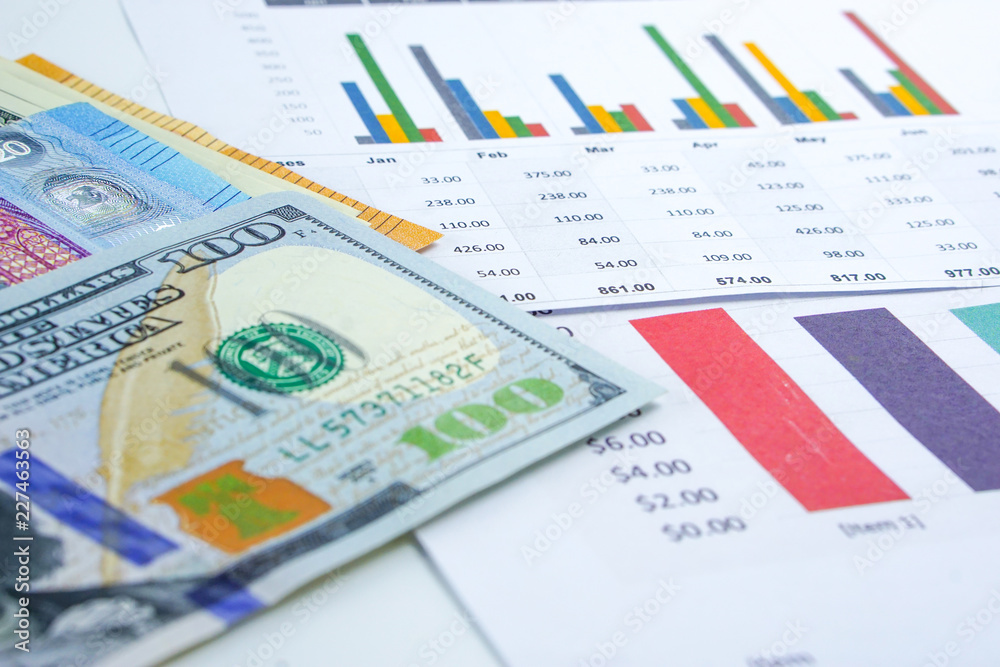 US dollar banknotes money on chart graph spreadsheet paper. Financial development, Banking Account, Statistics, Investment Analytic research data economy, trading, office reporting Business c US dollar banknotes money on chart graph spreadsheet paper. Financial development, Banking Account, Statistics, Investment Analytic research data economy, trading, office reporting Business c