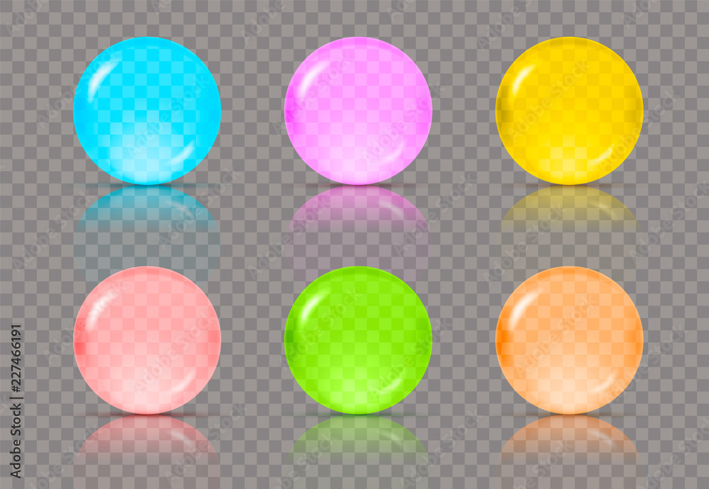 Set of six realistic transparent spheres or balls in different colors of blue, pink, yellow, red, green and orange colors with reflections. Vector illustration eps10