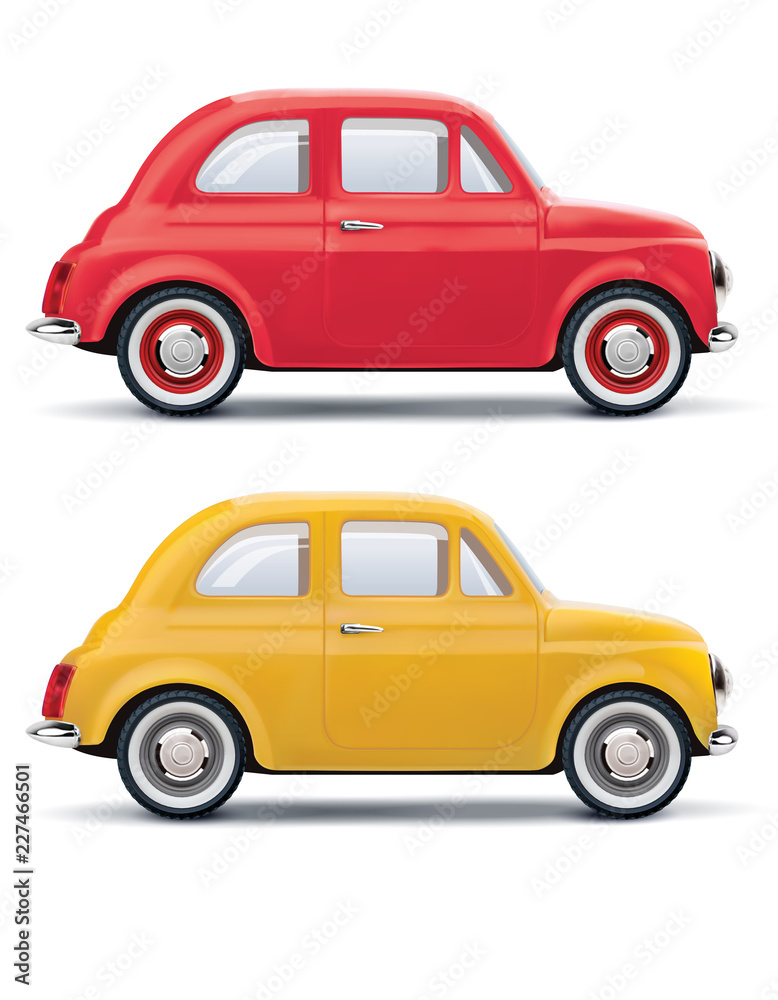 Red an yellow cars isolated on white. Vector 3d illustration
