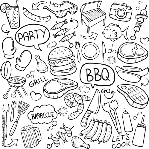 BBQ Party Traditional Doodle Icons Sketch Hand Made Design Vector