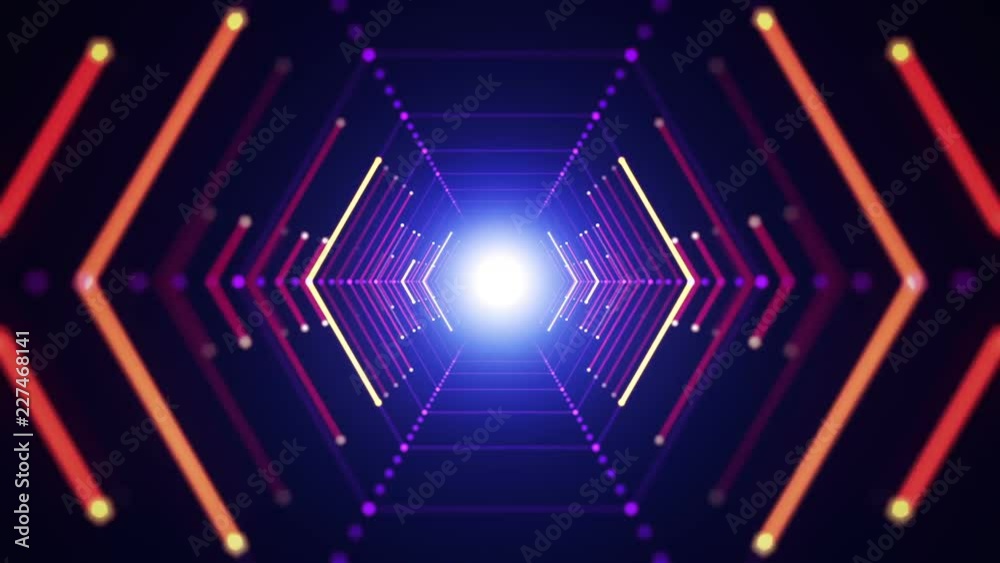 Abstract background with animation of flight in abstract futuristic tunnel with neon light. Animation of seamless loop. 
