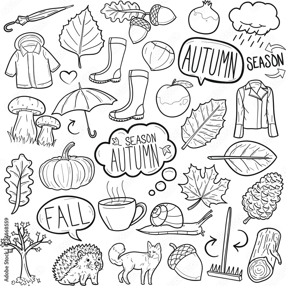 Autumn season set doodles elements. Hand drawn set with umprella cuo of hot  tea, rain, rubber boots, clothes and leevs collection. Drawing doodle coll  Stock Vector Image & Art - Alamy