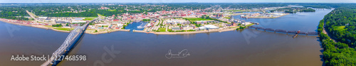 Panorama view of Iowa river town and three bridges photo