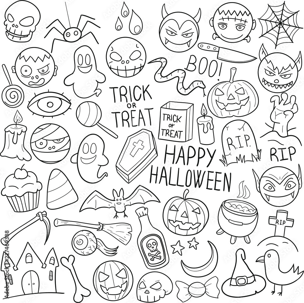Halloween Party Traditional Doodle Icons Sketch Hand Made Design Vector