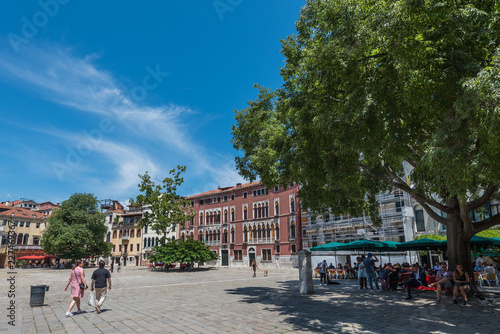 VENICE, ITALY - JUNE 16, 2018: View of the city street in the city center. Copy space for text.