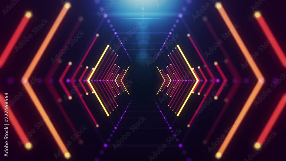 Abstract background with animation of flight in abstract futuristic tunnel with neon light. Animation of seamless loop. 