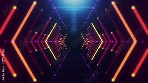 Abstract background with animation of flight in abstract futuristic tunnel with neon light. Animation of seamless loop. 
