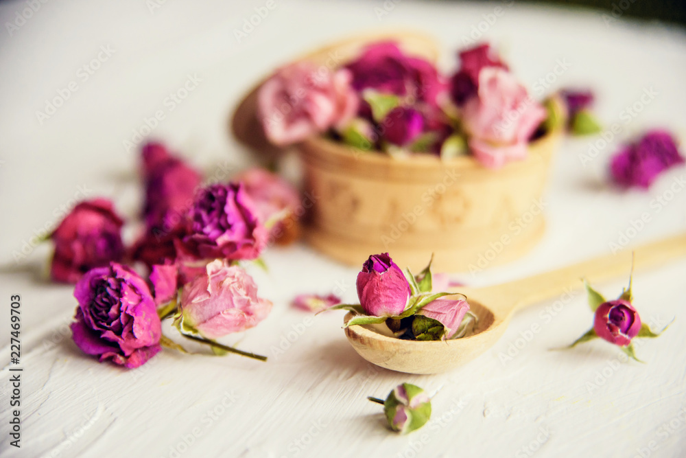 pink buds in a glass jar on a white background