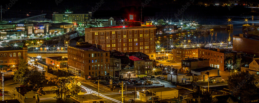 Nighttime Downtown Aerial Historic Dubuque