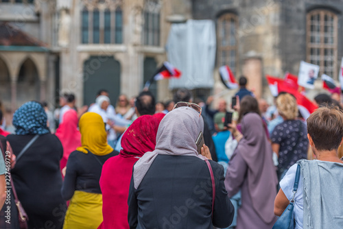 Muslims at a demonstration in the city center, Vienna, Austria. With selective focus. © ggfoto