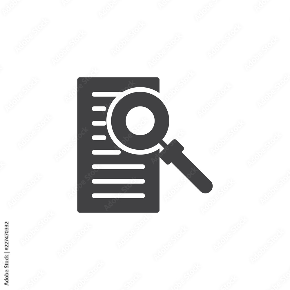 Document with magnifying glass vector icon. filled flat sign for mobile concept and web design. Invoice solid icon. Document search symbol, logo illustration. Vector graphics