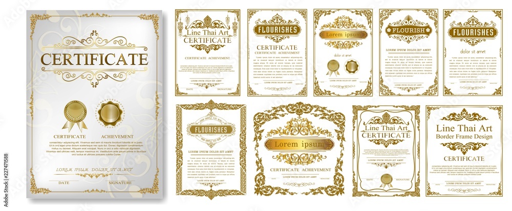 Set of Decorative vintage frames and borders set,Gold photo frame with corner Thailand line floral for picture, Vector design decoration pattern style. border design is pattern Thai art style