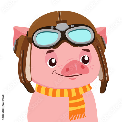 Funny Cartoon Pig Vector Character. Portrait Of Piggy With Helmet. Cute Animal. Vector Illustration Isolated On White Background. Aviator Theme.