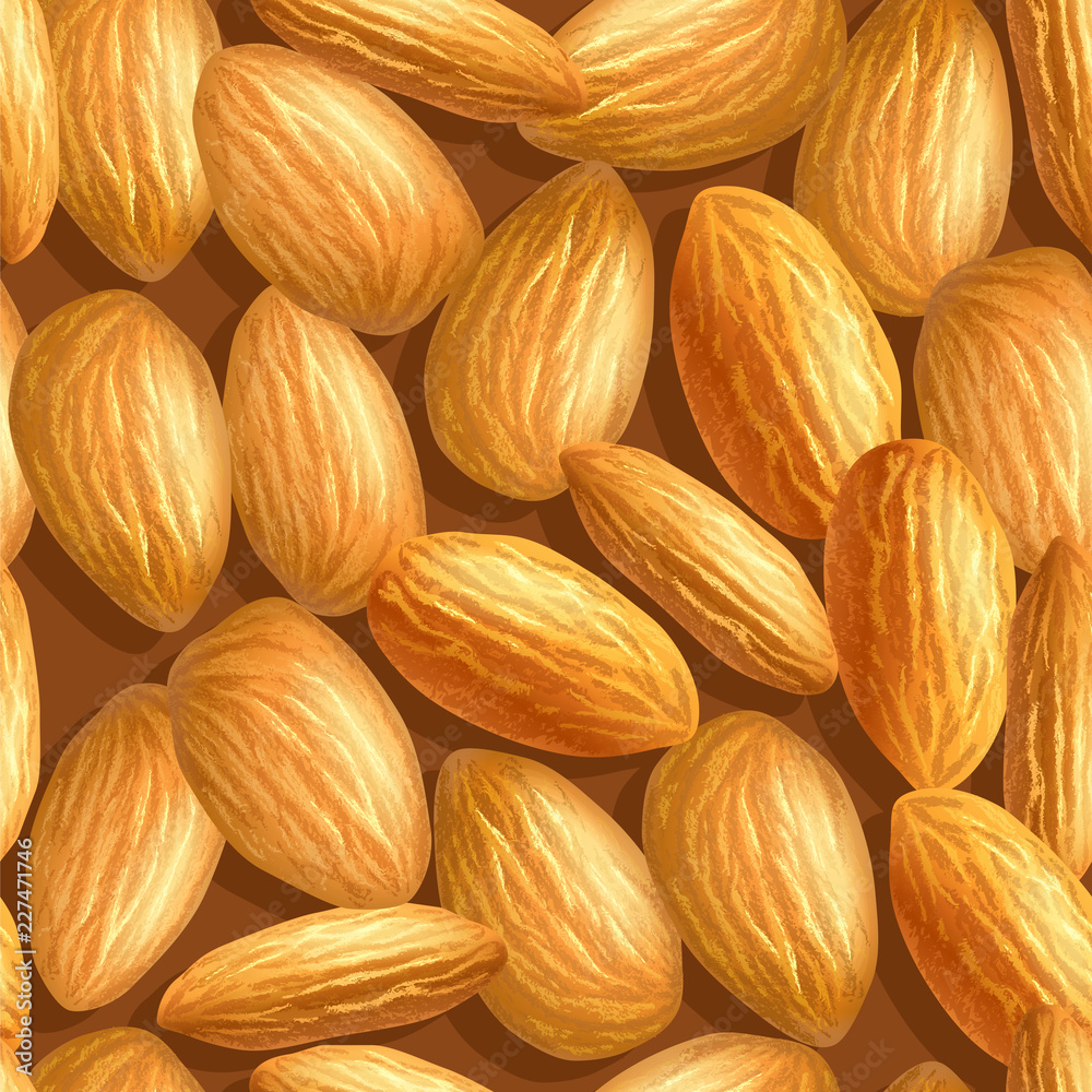 Fototapeta premium Realistic almonds texture. Seamless pattern. Template for background, wallpaper, postcard, print, textile. illustration .