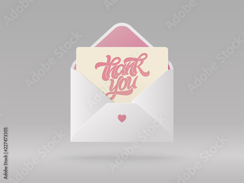 Greeting card with phrase thank you in open envelope. Beautiful realistic vector illustration. Hand written brush lettering for postcard, banner, poster. Vector illustration.